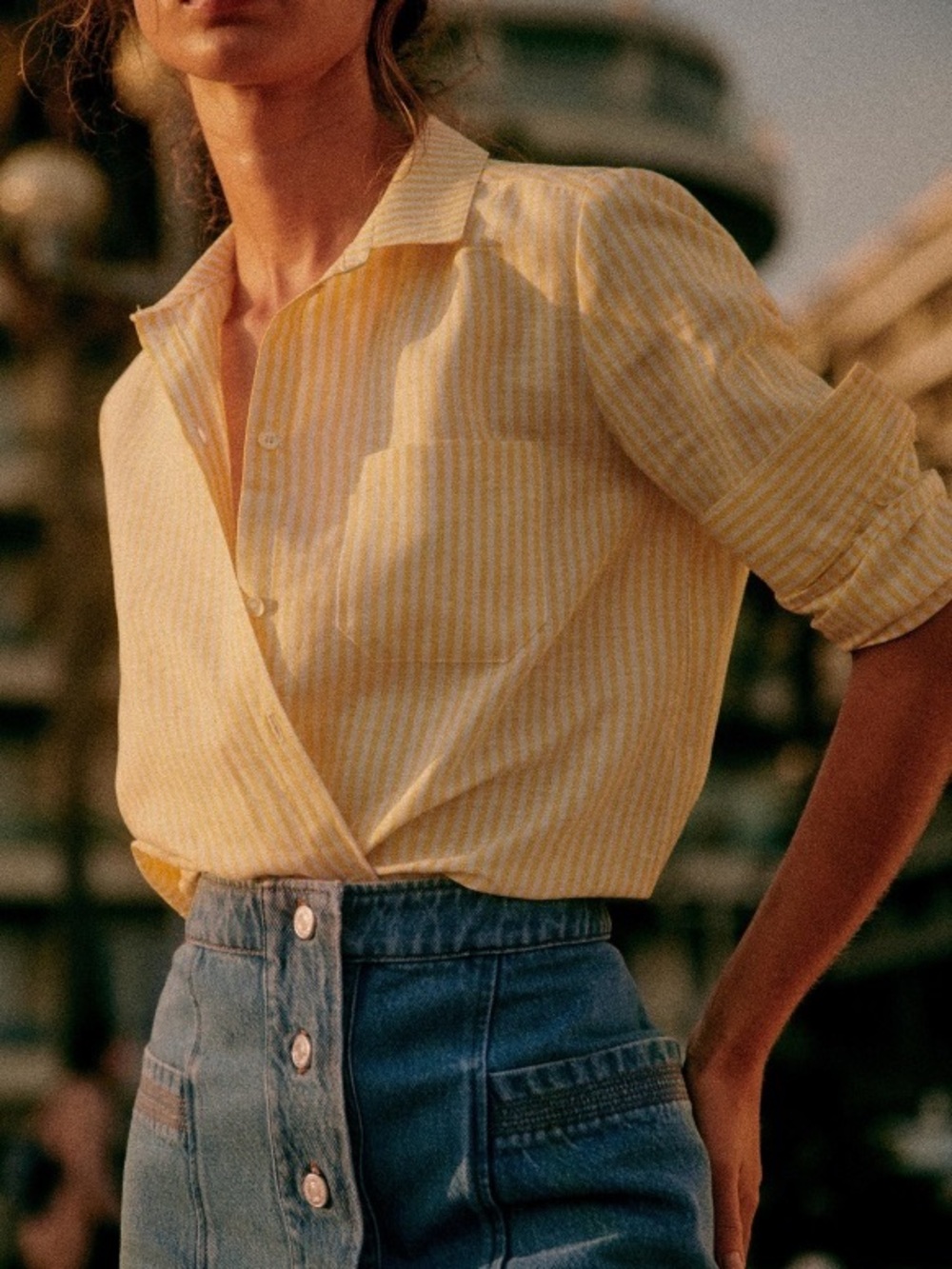 SEZANE Tomboy Shirt in Striped Yellow / Ecru, Yellow Striped Button-Up Shirt